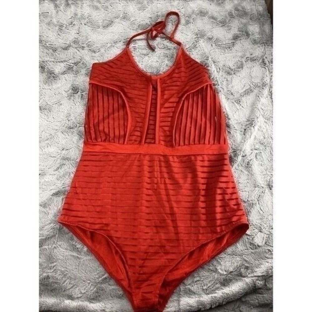 Vtg Bombshell‎ Swimsuit Sexy Red Striped Halter One Piece Mansfield XL